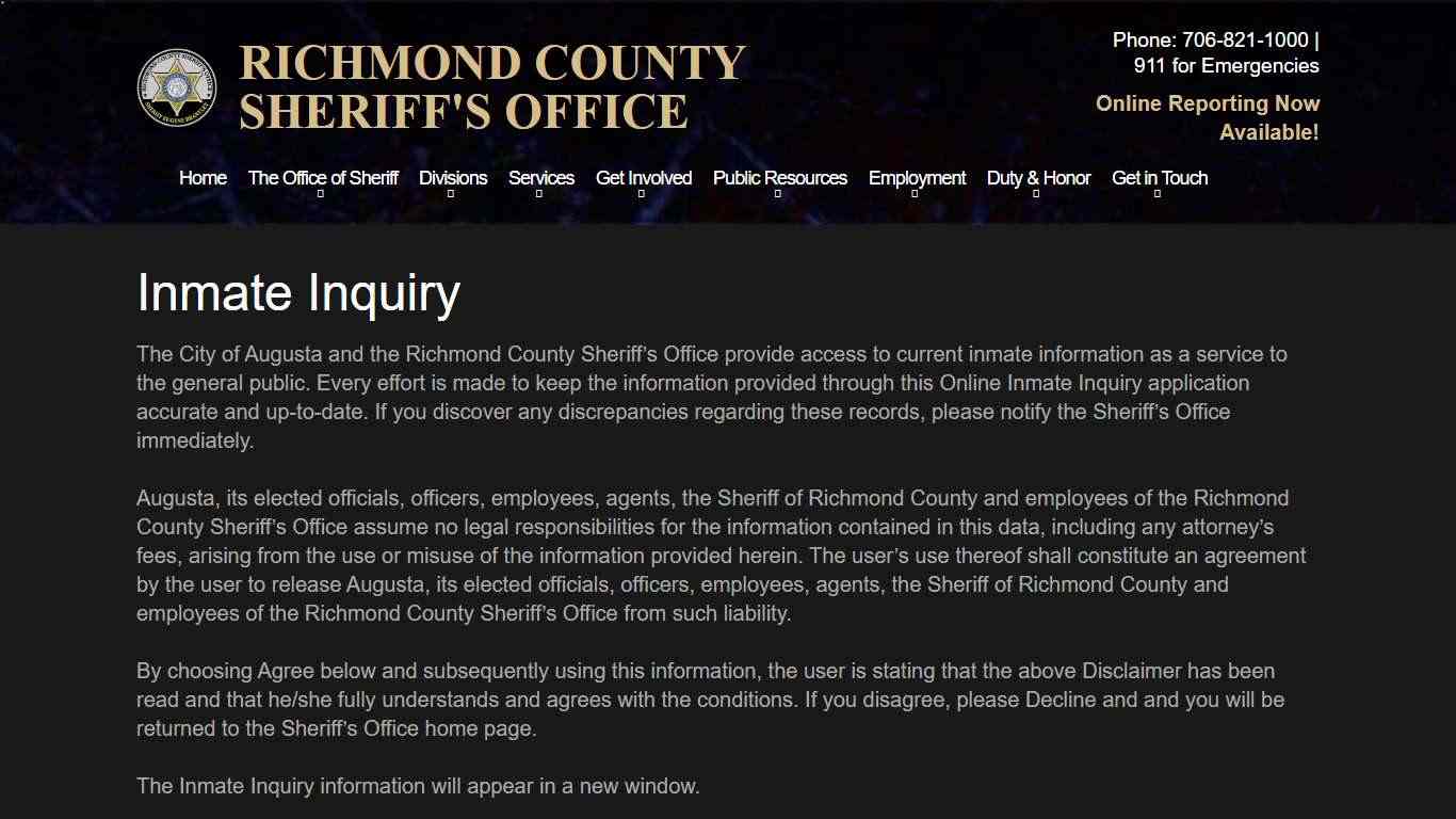 Inmate Inquiry | Richmond County Sheriff's Office | Augusta Ga - Richmond County Sheriff's Office